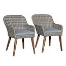 Soleil Jardin Patio Dining Chairs Set of 2 with Wood Legs, Outdoor Rattan Wicker Chairs with Seat Cushions for Lawn, Deck, Porch, Balcony, Backyard and Garden, Grey