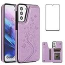 Phone Case for Samsung Galaxy S21 Glaxay S 21 5G 6.2 inch with Tempered Glass Screen Protector and Card Holder Wallet Cover Stand Flip Leather Cell Accessories Gaxaly 21S G5 Cases Women Girl Purple