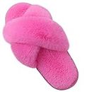 Evshine Women's Fuzzy Slippers Cross Band Memory Foam House Slippers Open Toe, Hot Pink, 38-39 (Size 7-8)