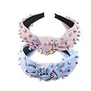 ZUJEAM Headbands for Girls, Pearl Knotted Headbands for Women Girls, Colorful Jeweled Embellished Gem Hairband Faux Pearl Cross Knot Twisted Turban Hair Accessories for Girls (Pink, Blue)