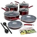 Cooking Light Allure Non-Stick Ceramic Cookware with Silicone Stay Cool Handle, 12 Piece Set, Red