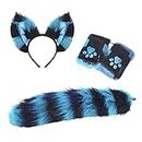 Cat Wolf Fox Tail Faux Fur Ear Headband and Paw Gloves Set for Adult Children Halloween Christmas Fancy Party Costume Gifts Animal Cosplay Accessories (Blue-Black)