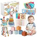 Auezona - Juguetes Sensoriales Montessori 4 in 1, Bloques Apilables, Caja de pañuelos, Juguetes Educativos para Bebes y Niños de 6 Meses a 3 Años.