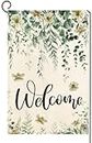 Baccessor Spring Summer Leaf Welcome Garden Flag Double Sided Green Eucalyptus Leaves Flower Floral Small Burlap Yard House Seasonal Farmhouse Outside Outdoor Decoration 12.5 x 18 Inch