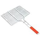 R Runilex Chromium Plated Metal BBQ Grill Net Basket Roast Grilling Tray Basket with Wooden Handle (Silver, 34 x 22 cm)