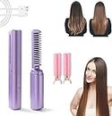 Rechargeable Mini Hair Straightener, 2 in 1 Anti-Scald Hair Straightener Brush and Curler,Portable Travel Negative Ion Hair Straightener Styling Comb,Mini Hair Straightener for Home Travel (violet)