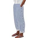 Generic Prime Deals March 20-25 Spring Linen Pants Women Spring/Summer 2024 Striped Casual Elastic High Waist Straight Leg Loose Boho Trendy Trousers with Pockets Log in Blue S