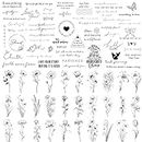 Esland Realistic Temporary Tattoos - 60 Sheets Small Fake Tattoos, 30 Pcs Meaningful Scripts Words Tattoos, 30 Pcs Line Art Wild Flower Nature Tattoo Stickers for Women and Men