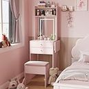 ARTETHYS Small Vanity Desk Set with 3 Adjustable Lighted Mirror and Storage Chair, Pink Makeup Vanity Table for Small Space, White Dressing Table with Fold-up Panel for Bedroom
