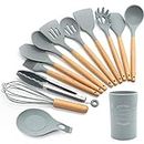 Lot de 13 ustensiles de cuisine en silicone avec poignées en bois et ustensiles de cuisine anti-adhésifs, spatules en silicone gris