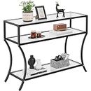 Yaheetech Console Table with Metal Frame, Tempered Glass Sofa Table with Storage Shelves, Slim Hallway Table for Living Room Entryway Bedroom, Black