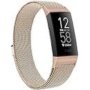 Metal Bands Compatible with Fitbit Charge 4 & Fitbit Charge 3 & Charge 3 SE Band, Adjustable Stainless Steel Loop Metal Mesh Replacement Sport Strap Wristbands for Women Men (Small, Rose Gold)