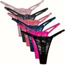 6 Pcs Sexy Thongs, Adjustable Strap Lace Semi Sheer Intimates Panties, Women's Lingerie & Underwear