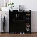 Shoe Cabinet High Gloss 2 Doors Cupboard Shoe Storage Organiser with Adjustable 5 Open Shelves Footwear Stand Rack Wood Sideboard Unit Black