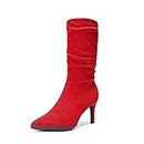 DREAM PAIRS Women's Mid Calf Boots High Heels Pointed Toe Zip Fashion Dressy Boots for Halloween Cosplay, SDMB2309W,Red Suede,7.5