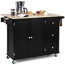 Harmony-Furniture Kitchen Island with Drop Leaf, Rolling Kitchen Cart Trolley w/Butcher Block Countertop & Shelves, Towel & Spice Rack, Kitchen Island with Storage Cabinet & Drawers (Black)