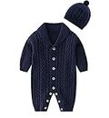 JooNeng Baby Newborn Cotton Knitted Sweater Romper Longsleeve Outfit with Warm Hat Set (3-6 Months, Navy Blue)