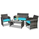 Goplus 4-Piece Rattan Patio Furniture Set, Outdoor Wicker Conversation Sofa with Weather Resistant Cushions and Tempered Glass Tabletop for Lawn Backyard Pool Garden (Turquoise)