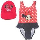 REQUETEGUAY Minnie Mouse Disney Swimsuit for Beach or Pool + Disney Cap for Girls | Swimsuit Set with Ruffle and Hat Adjustable, red, 6 Years