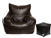 AUTARKY Super Leatherette Arm-Chair Bean Bag Cover and Round Puffy Cover (Set of 2, Without Beans) (Brown)