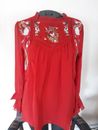 INDIGO THREAD CO. Red Embroidered Front Peasant Top/Tunic w/Ruffle Cuff S NWT