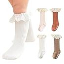 HOUSEYUAN Toddler Frilly Baby Girls Knee High Socks Off White Vintage Newborn Thigh Lace Ruffle Long Socks Infant Tights Stockings 4 Pairs 1-2T
