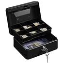 H&S Money Box with Key - 6 inch Money Tin with Lock - Small Lockable Cash Box with Coin Tray for Petty Cash Coins Notes - Locking Metal Safe Box with 2 Keys - Black Matt