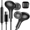 USB C Headphones Wired Type C Earphones Small Ear Buds for Apple iPhone 15 Plus iPad/Google Pixel 8 7 Pro 7A/ Samsung Galaxy S24 S23 S22 S21 Ultra Android HiFi Stereo Magnetic Earbud Microphone Black