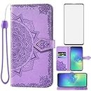 Compatible with Samsung Galaxy S10 Plus Wallet Phone Case Tempered Glass Screen Protector Flip Cover Credit Card Holder Cell for Glaxay S10+ Galaxies S10plus 10S Edge S 10 10plus Cases Women Purple