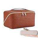 LIAN Travel Makeup Bag Large Capacity Cosmetic Bag Waterproof Portable Toiletry Bag PU Checkered Makeup Travel Case Organizer Makeup Brush Holder Travel Essentials Cosmetic Pouch Storage Bag Brown