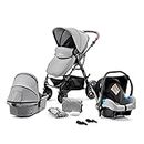 Kinderkraft Pram 3 in 1 Set MOOV, Travel System, Baby Pushchair, Rear and Front Facing, Foldable, with Infant Car Seat, Accessories, Rain Cover, Footmuff, Up to 3 Years, Gray
