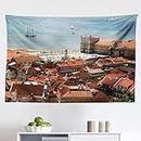Ambesonne European Tapestry, View of Central Lisbon Portugal with Rooftops and Sea Old Town Nostalgic City, Fabric Wall Hanging Decor for Bedroom Living Room Dorm, 45" X 30", Multicolor