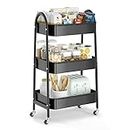 EAGMAK 3 Tier Metal Storage Trolley, Utility Rolling Cart with Handle and Lockable Wheels, Multifunctional Storage Organizer Trolley with Mesh Baskets for Kitchen, Living Room, Office, Garage (Black)