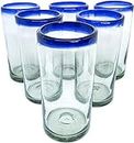 Mexican Blown Glass Tall Iced Tea Glasses Cobalt Blue Rim (Set of 6) by MEXHANDCRAFT