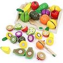 Wooden Play Food Montessori Toys for 2 3 4 Year Old Girls Boys Cutting Fruits Pretend Play Kitchen Accessories Toddlers Educational Kids Toys Birthday Gifts for 2 3 4 5 Year Old Boy Girl