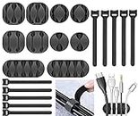 Zerfa 20pcs Cord Cable Wire Holder Protector Organizer Accessories Self Adhesive Cable Straps Hook and Loop Cable Ties for Home, Office, Car, Desktop, Laptop, Computer (Black)