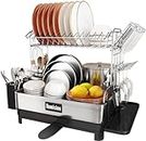 Romision Dish Rack and Drainboard Set, 304 Stainless Steel 2 Tier Large Dish Drying Rack with Swivel Spout, Dish Strainer for Kitchen Counter with Utensil Holder, Cup Rack, Water Tray