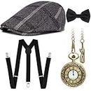 1920s Mens Accessories Gatsby Gangster Bow Tie Pocket Watch Costume Set Gangster Beret Y-Back Suspender (Black)