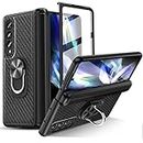 Fewdew for Z Fold 3 Case, Galaxy Z Fold 3 Case with Hinge Protection, 360°Rotate Kickstand & Ultra HD Front Screen Protector,Leather Protective Case for Samsung Galaxy Z Fold 3 5G,Carbon Fiber Black