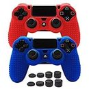 PS4 Controller Grips,Pandaren Studded Anti-Slip Silicone Cover Skin Set Compatible for PS4 /Slim/PRO Controller(Skin x 2 + FPS PRO Thumb Grips x 8)(Red,Blue)