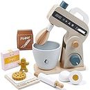 PairPear Play Food Stand Mixer, Wooden Toys Bake Cookies Playset, Multi-Function Play Kitchen Accessories for Kids Ages 3+