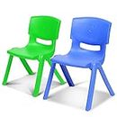 RUDRAMS Pack of 2 Plastic Kids Chair || Portable Chair for Kids || Sturdy Kids Chair for 1 Year+ || Virgin Material Chairs for Kids (Small [ 12" (L) x 10.5" (W) x 17" (H) ], Green & Blue)