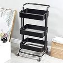 BLUE SPACE 3-Tier Metal Rolling Utility Cart with Handle,Makeup Cart with Wheels, Mobile Storage Serving Organizer for Kitchen Office Bar Salon (Metal with Plastic)