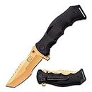 MTech USA Xtreme – Spring Assisted Open Folding Knife – Gold TiNite Coated Stainless Steel Tanto Blade with Sawback, Black G10 Handle, Liner Lock, EDC, Tactical – MX-A805GD
