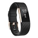 UMAXGET Compatible with Fitbit Charge 2 Bands, Soft Silicone Sport Adjustable Wristband Special Edition with Rose Gold Buckle for Men Women, Black, Small