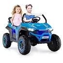 GYMAX Kids Electric UTV, 2-Seater 12V Battery Powered Toy Car with Remote Control, Lights, Bluetooth, MP3, USB, FM, High/Low Speed & Suspension Spring, Children Ride on Car for 3-8 Years Old (Blue)