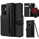 CENMASO Split Designed for Samsung Galaxy S21 Ultra Case, with S Pen Holder Two-in-one Magnetic Flip Wallet Bumper for Samsung Galaxy S21 Ultra- Fiber Black