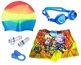 SportsFitt Kid's Swimming Combo Kit Swimming Short, Goggles, Silicone Cap, 2Pc Ear Plugs, 1 Pc Nose Clip, Swimming Combo Suit (Xtra large) (XL)