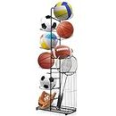 COSTWAY 7-Tier Ball Storage Rack, Metal Basketball Stand Ball Holder with 7 Removable Hanging Rods and Side Basket, Vertical Sports Equipment Organizer for Garage