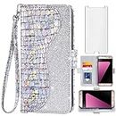 Asuwish Phone Case for Samsung Galaxy S7 Wallet Cover with Tempered Glass Screen Protector and Wrist Strap Flip Card Holder Bling Glitter Stand Cell Glaxay S 7 7s GS7 SM-G930V G930A Women Girls Silver
